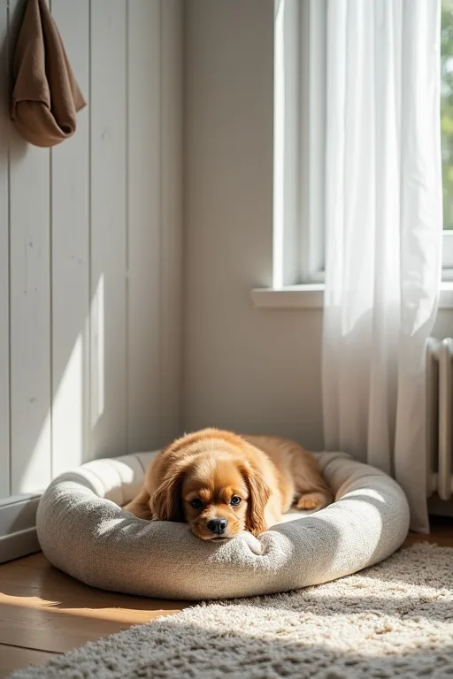 En hund som vilar i ett lugnt hem medan kvällsrutinen är förutsägbar.
