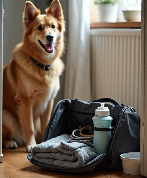 En hundägare packar en enkel packlista för hundresa med vattenflaska, bajspåsar och koppel.