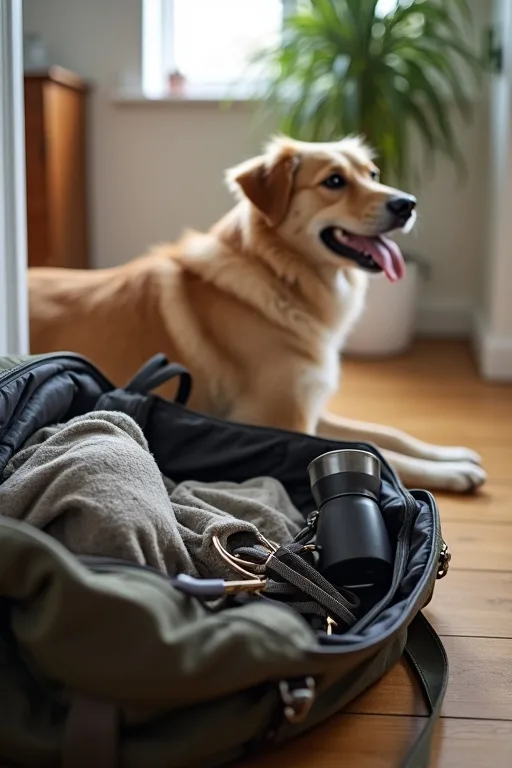 En hundägare organiserar hundens packning inför resa på ett lugnt och praktiskt sätt.