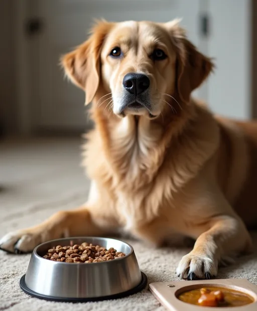 Hund vid matskål med foder och en enkel loggbok för hud och päls