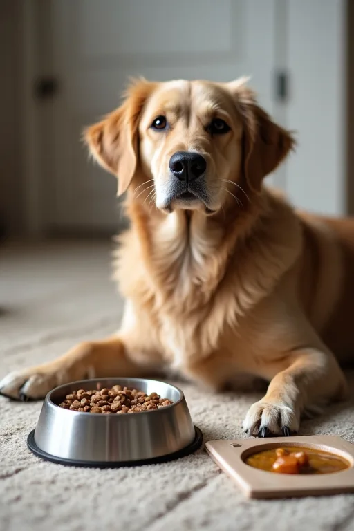 Hund vid matskål med foder och en enkel loggbok för hud och päls
