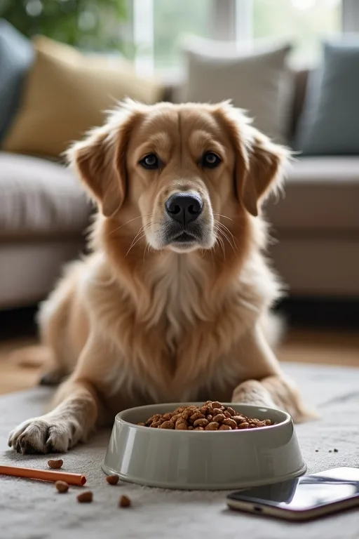 Hund som äter vid en enkel matskål i ett lugnt hem