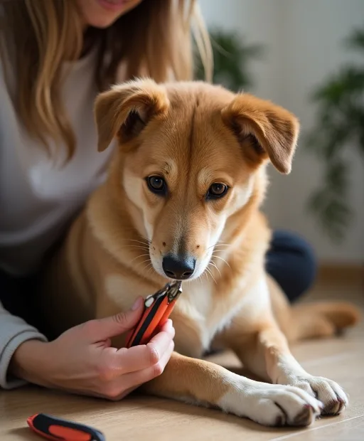 En hundägare klipper hundens klor försiktigt hemma med klotång.