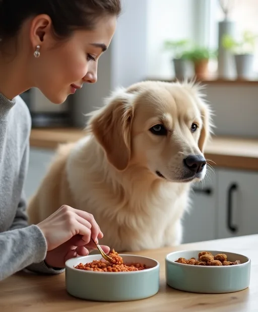 Hundägare som förbereder hundfoder för hud och päls hemma vid matskålen