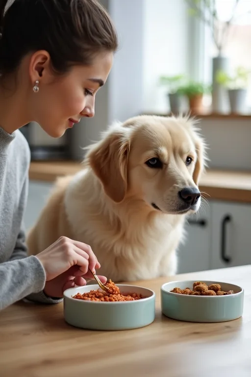 Hundägare som förbereder hundfoder för hud och päls hemma vid matskålen