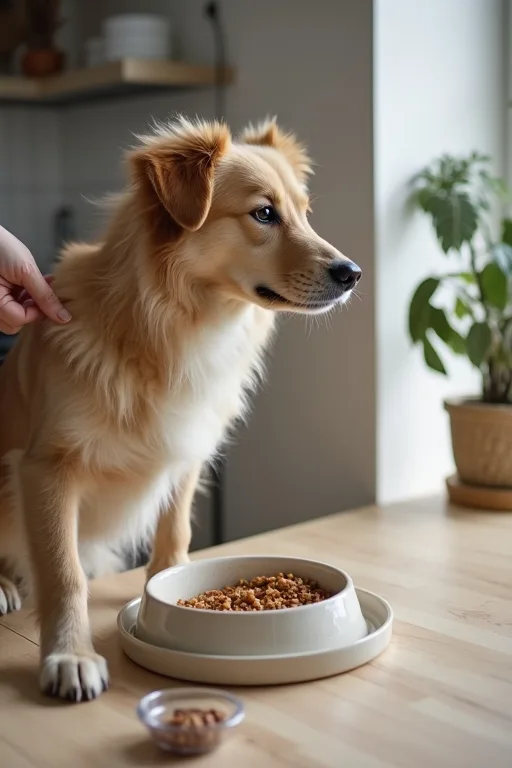 Hund med matskål framför sig i ett lugnt hemmakök vid utfodring