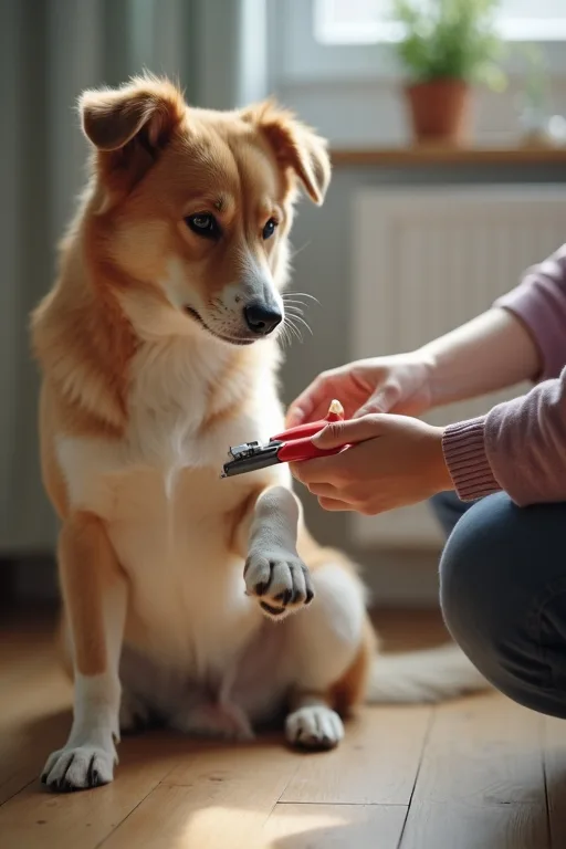 Hundägare som ser över hundens tassar inför kloklippning hemma