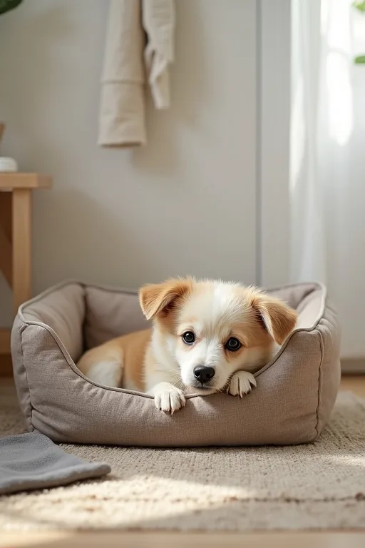 En liten hund som vilar i en trygg plats i hemmet med lugna vardagsdetaljer omkring sig.
