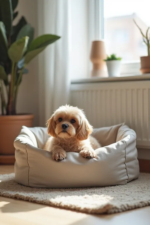 En stillsam hund i hemmiljö som visar att lugn också behöver trygghet och struktur.