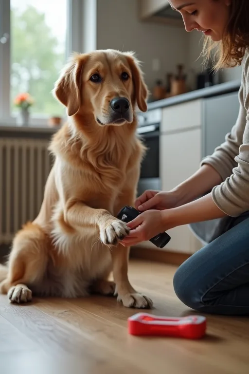Hundägare förbereder klotång och första hjälpen-kit inför kloklippning hemma.