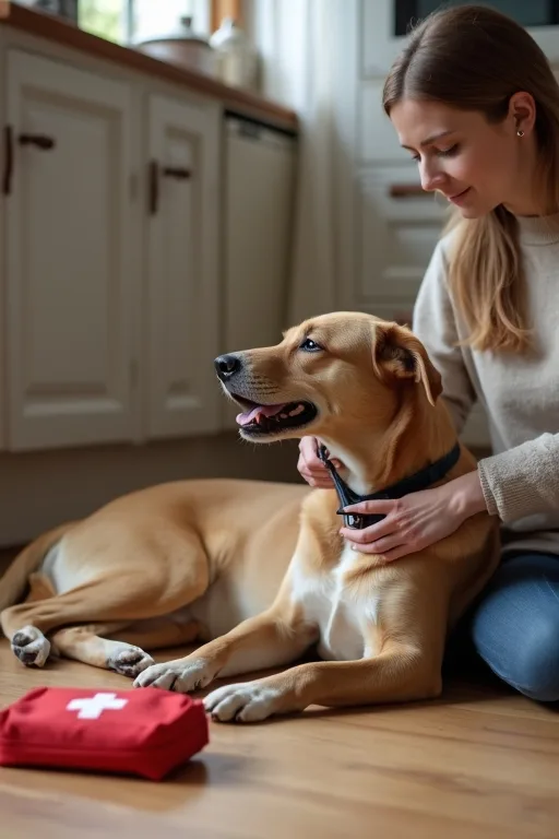 En hundägare klipper hundens klor hemma med en klotång på golvet.