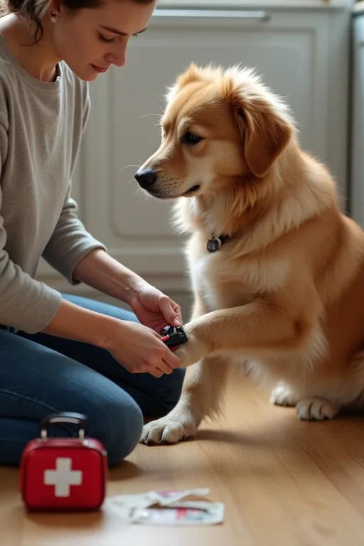Hundägare håller hundens tass lugnt efter kloklippning hemma.