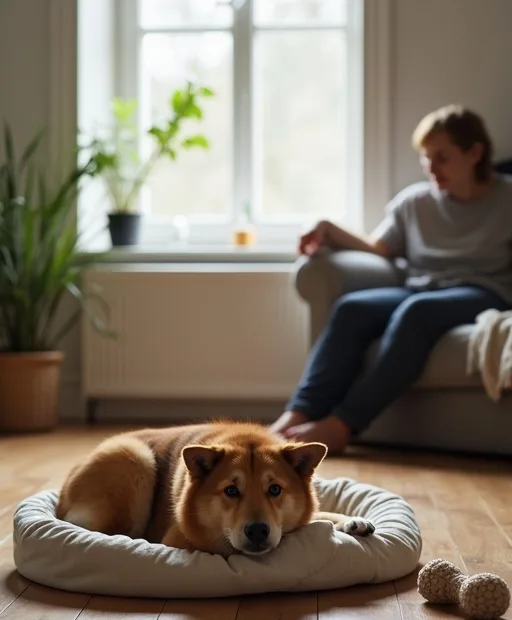 Ny hund som vilar i en hundbädd med en tuggleksak bredvid under första veckan hemma