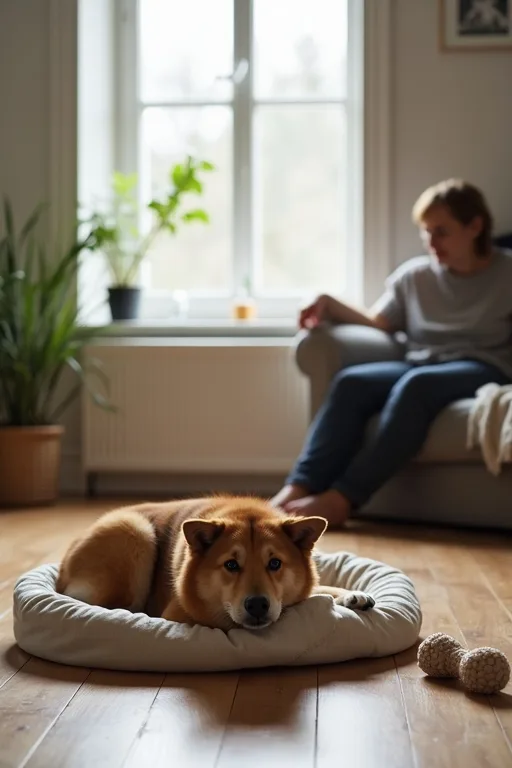 Ny hund som vilar i en hundbädd med en tuggleksak bredvid under första veckan hemma