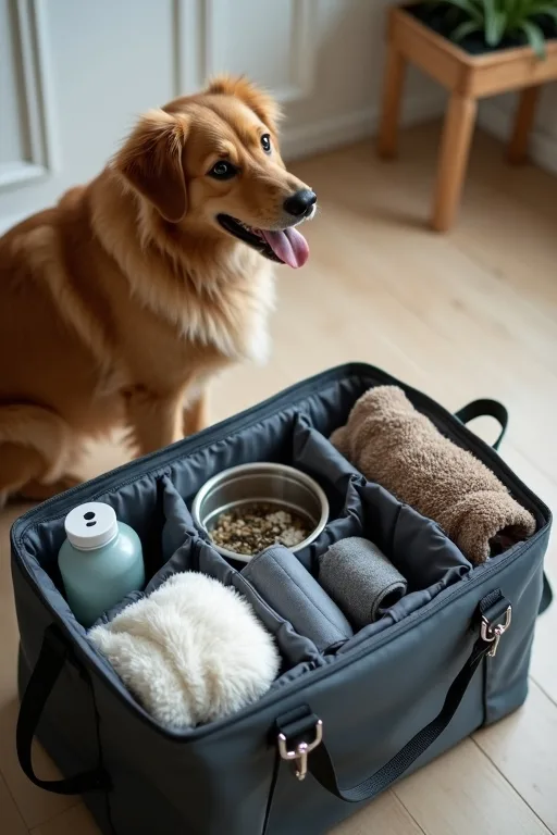 Sista packkontroll hemma med dokument, mediciner och hundens reseprylar samlade.