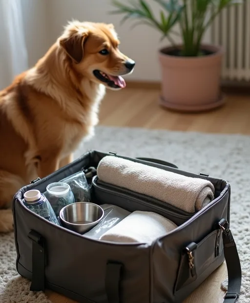 Hundägare packar hundens reseprylar hemma inför en resa.