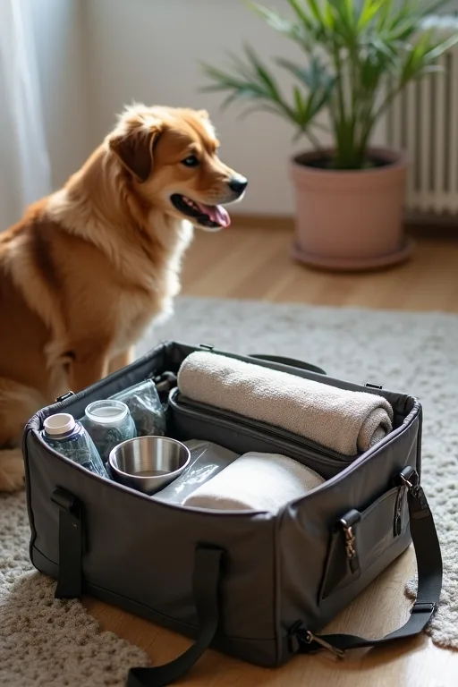 Hundägare packar hundens reseprylar hemma inför en resa.