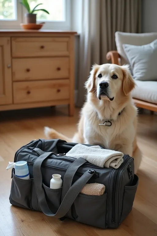 Reseprylar för hund packas med filt, handduk och koppel inför övernattning.
