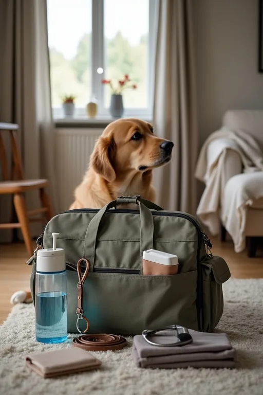 Hundägare förbereder packningen utifrån en resa med hund hemma.
