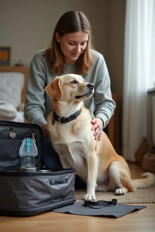 Reseutrustning för hund med vattenflaska, bajspåsehållare och koppel packas ner.