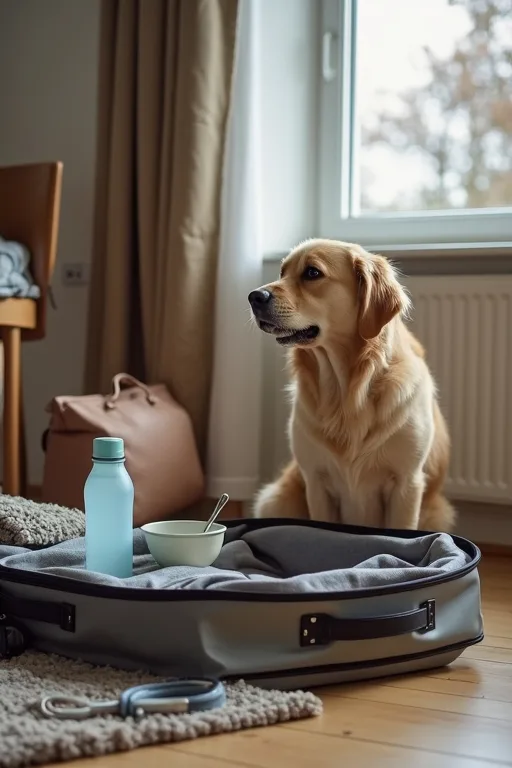 Hund vilar med filt bredvid resepackning som stöd för vanliga rutiner under resan.