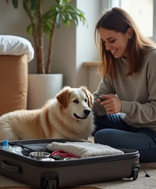 Hundägare packar resegrejer till hundresa med vattenflaska, bajspåsar och annat viktigt.