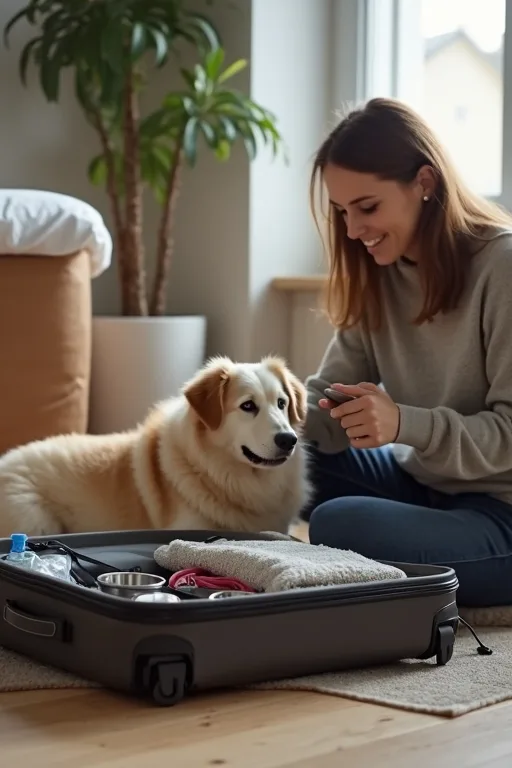 Hundägare packar resegrejer till hundresa med vattenflaska, bajspåsar och annat viktigt.