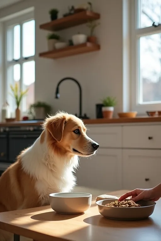 En hundägare förbereder hundmat i ett lugnt kök med fokus på vardagsutfodring.