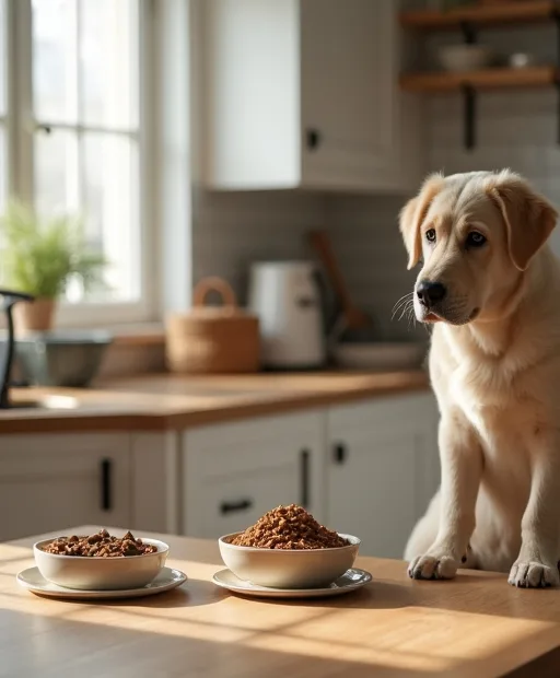 Hundfoder för hud och päls på köksbänk med en hund som väntar bredvid.