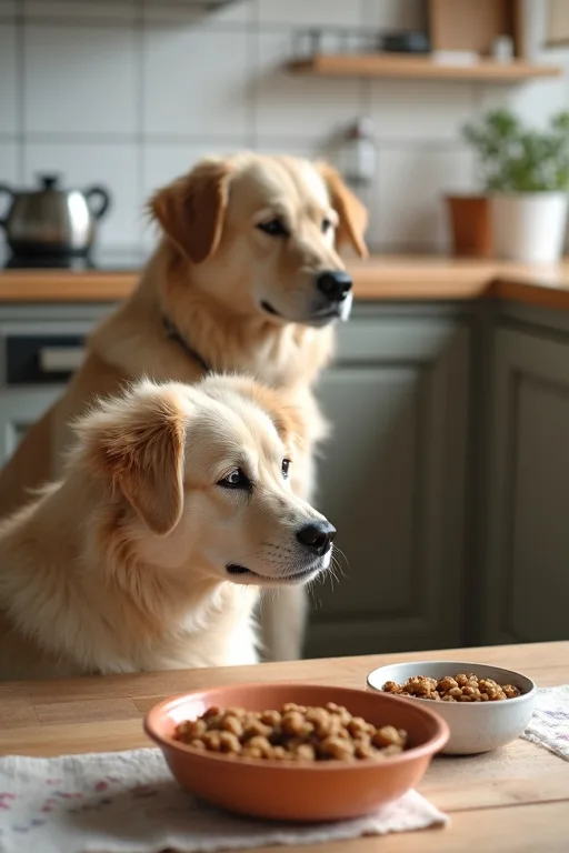 En lugn hund väntar vid köksbordet medan ägaren håller i ett enkelt utfodringsupplägg.