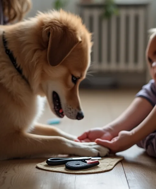 Hundägare som klipper hundens klor hemma med klotång och första hjälpen-kit bredvid