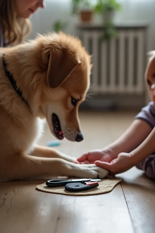 Hundägare som klipper hundens klor hemma med klotång och första hjälpen-kit bredvid