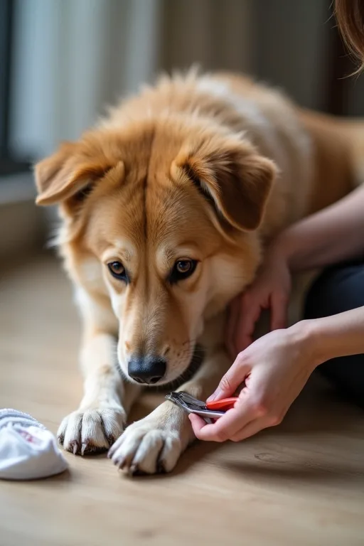 Hundägare som arbetar lugnt med kloklippning i hemmiljö