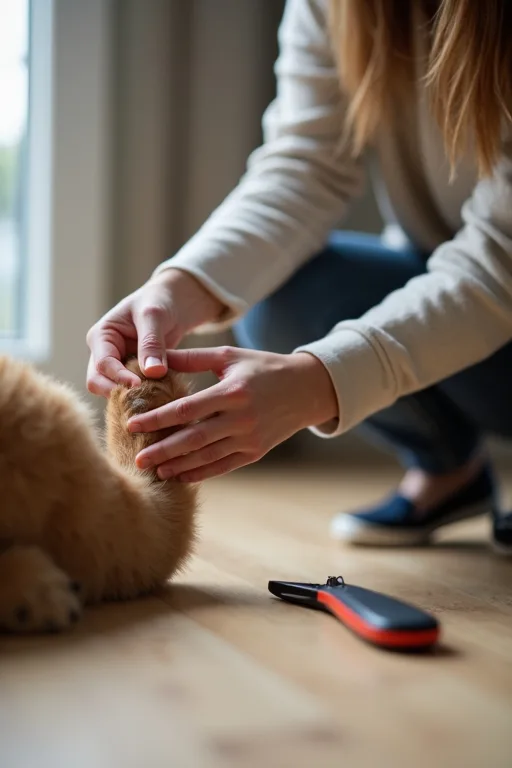Första hjälpen-kit placerat nära hundens tass vid kloklippning hemma