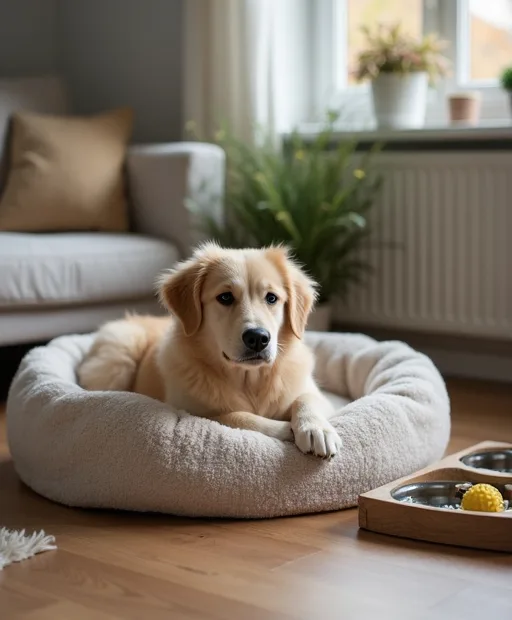 Ny hund som vilar i ett hem på en tvättbar hundbädd med tuggleksaker bredvid