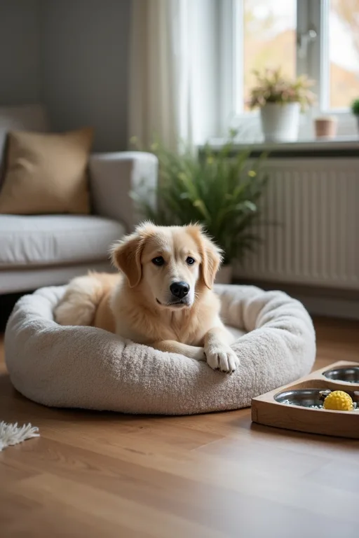 Ny hund som vilar i ett hem på en tvättbar hundbädd med tuggleksaker bredvid