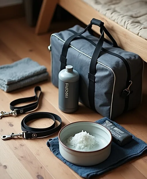 En praktisk packning för hundresa med vattenflaska, bajspåsar, sele, skål och filt.