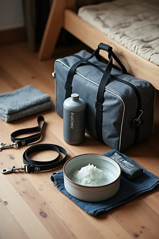 En praktisk packning för hundresa med vattenflaska, bajspåsar, sele, skål och filt.