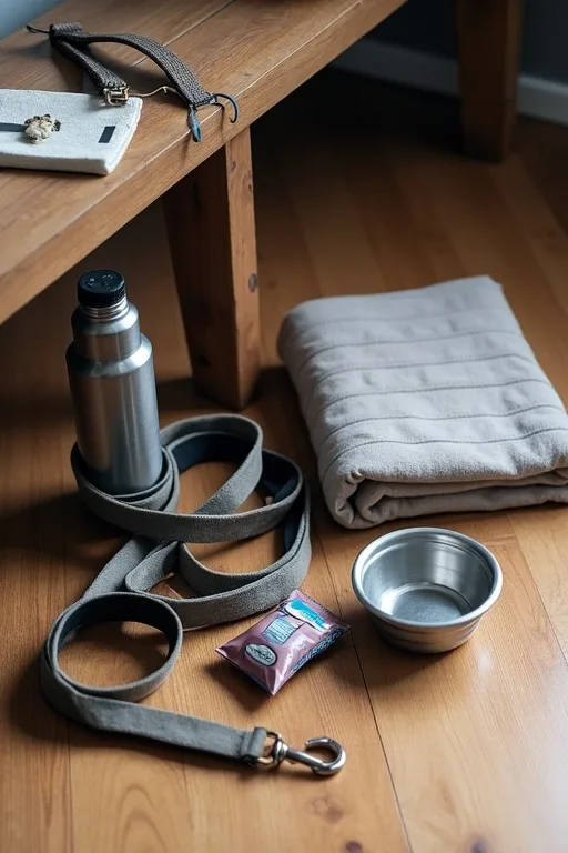 Grundläggande hundsaker för resa som sele, koppel, vattenflaska och skål.