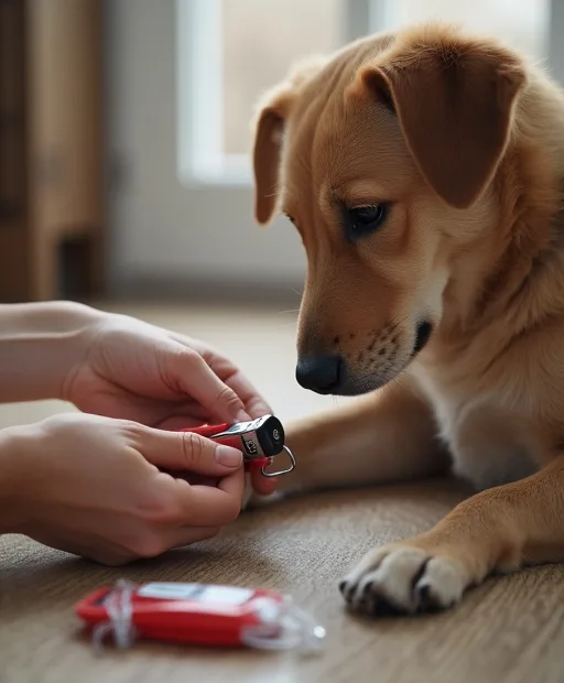 Hundägare klipper hundens klor hemma med kloklippare och första hjälpen-kit nära till hands.
