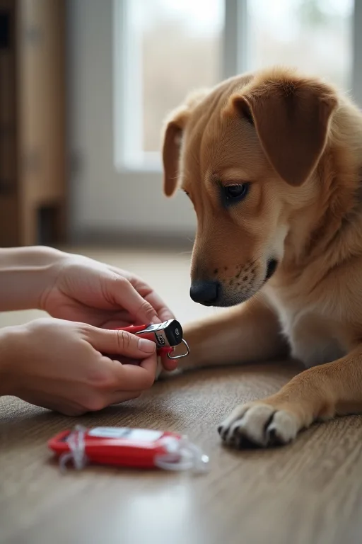 Hundägare klipper hundens klor hemma med kloklippare och första hjälpen-kit nära till hands.