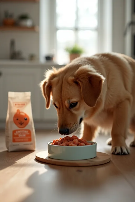 Hund i hemmakök där ett lugnt och enkelt måltidsupplägg passar en hund med känslig hud och päls.