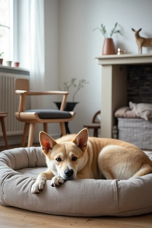 En hund som vilar lugnt på golvet i ett stilla hem