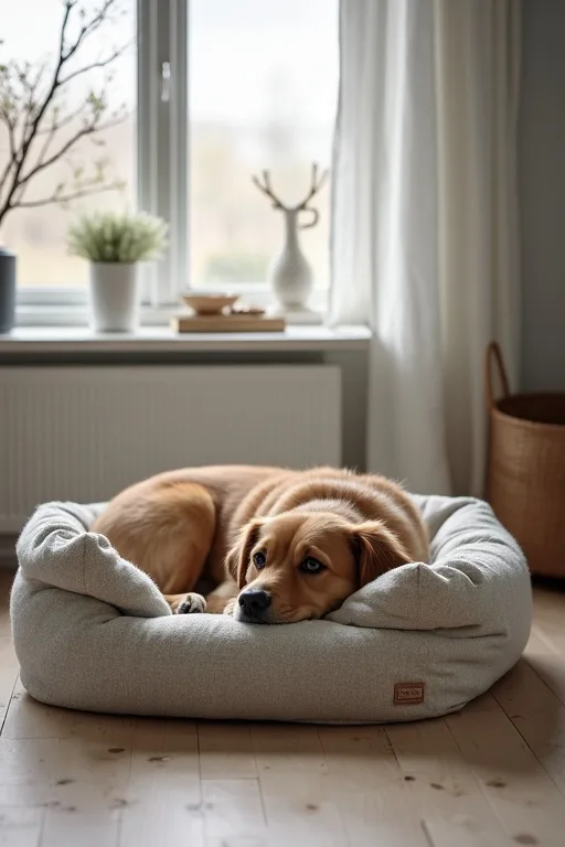 En stillsam hund i hemmiljö som visar hur vardagsro kan se ut