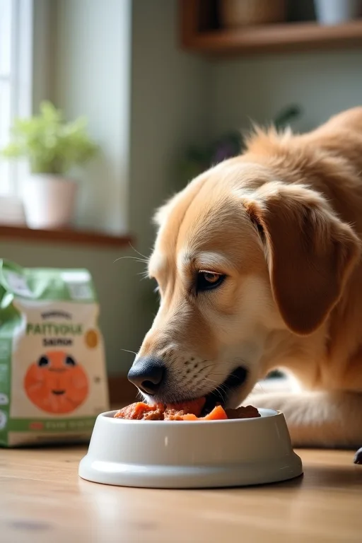 Hund som äter hundfoder anpassat för hud och päls i ett lugnt hemmakök.