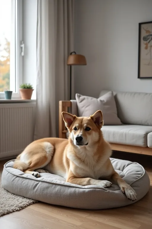 En hund som ligger avslappnat på en mjuk bädd och visar behovet av vila