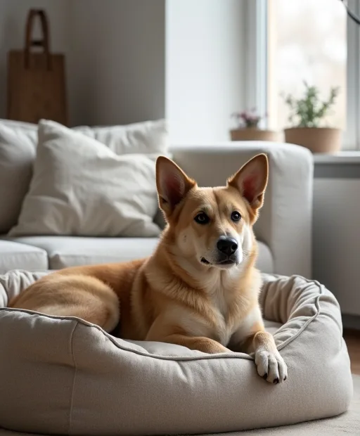 En lugn hund som vilar i en mysig bädd i ett stilla vardagsrum