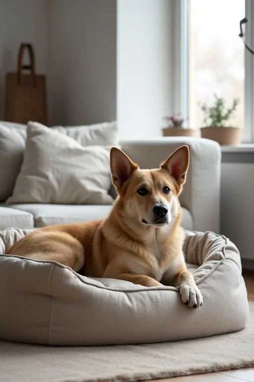 En lugn hund som vilar i en mysig bädd i ett stilla vardagsrum