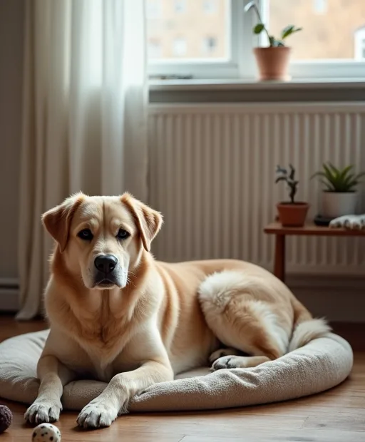 Ny hund som vilar i en tvättbar hundbädd i ett lugnt hem under första veckan.