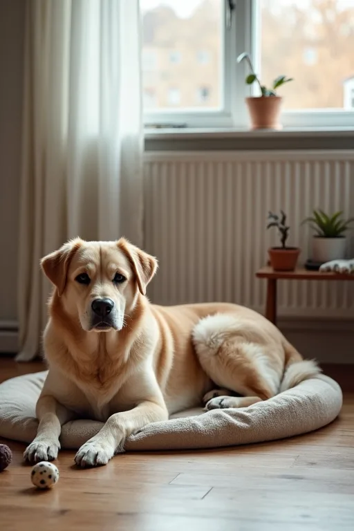 Ny hund som vilar i en tvättbar hundbädd i ett lugnt hem under första veckan.